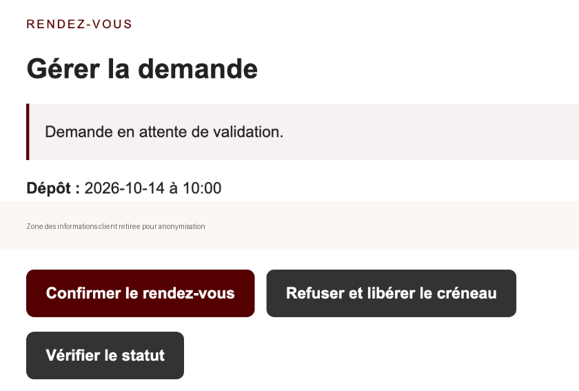 Capture anonymisée de la page permettant au garage de confirmer ou refuser une demande